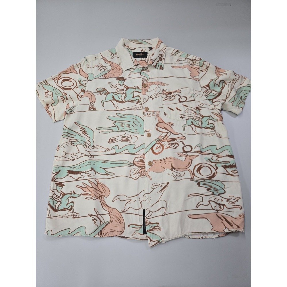 Deus Ex Machina Men's All Over Print Button Up  Beige Size L Missing One Button